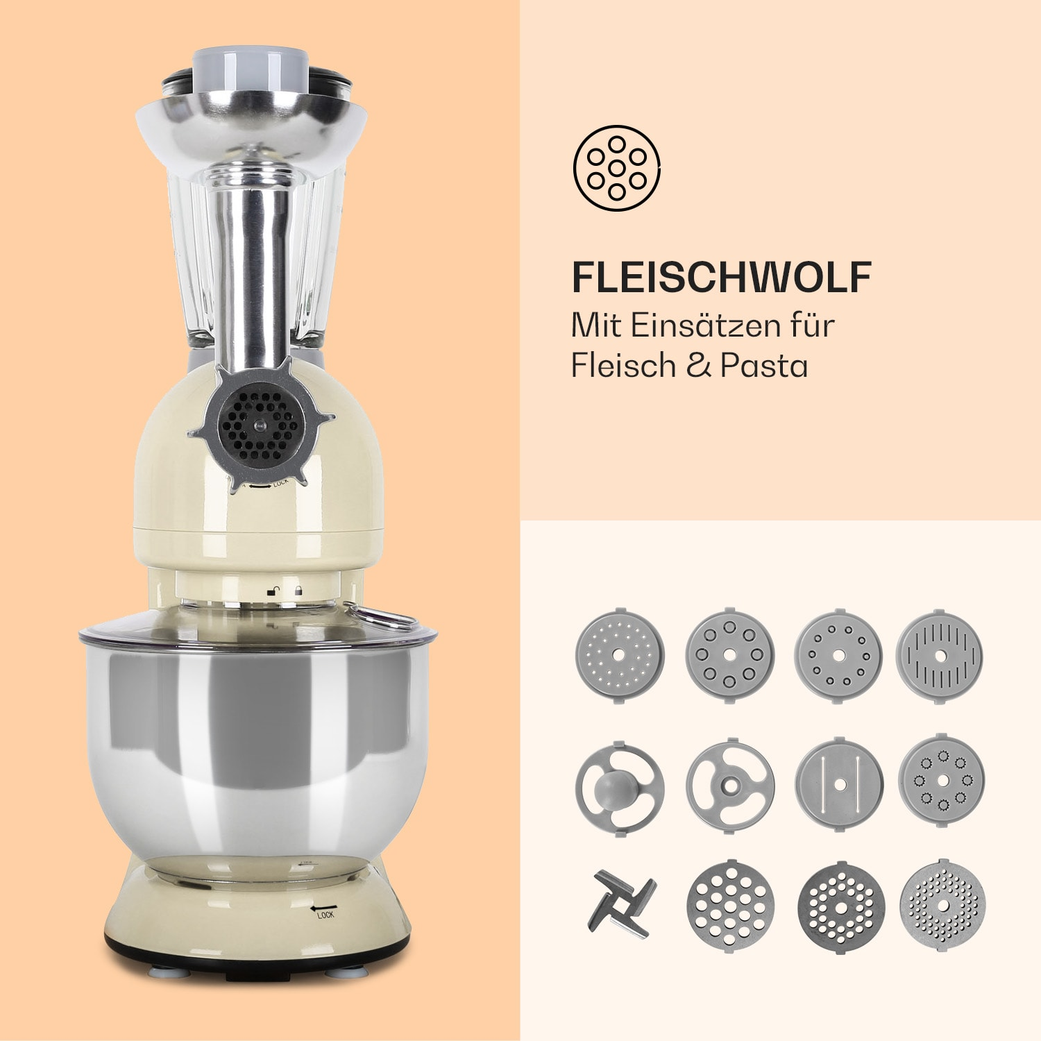 Eine cremefarbene Küchenmaschine mit Aufsätzen für Fleisch und Pasta, mit Text.