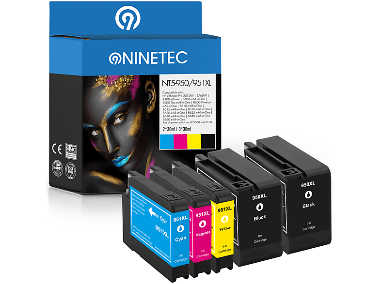 NINETEC 5er CN black, 951XL 045 Patronen 046 Tintenpatronen AE, magenta, yellow cyan, 950XL (CN AE, CN AE, Set 047 ersetzt HP 048 AE) CN