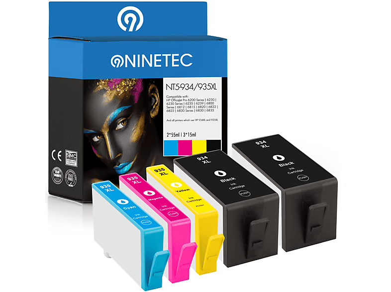 NINETEC 5er Set (C2P23AE, magenta, yellow Tintenpatronen 935XL C2P25AE, black, C2P24AE, 934XL HP Patronen cyan, C2P26AE) ersetzt