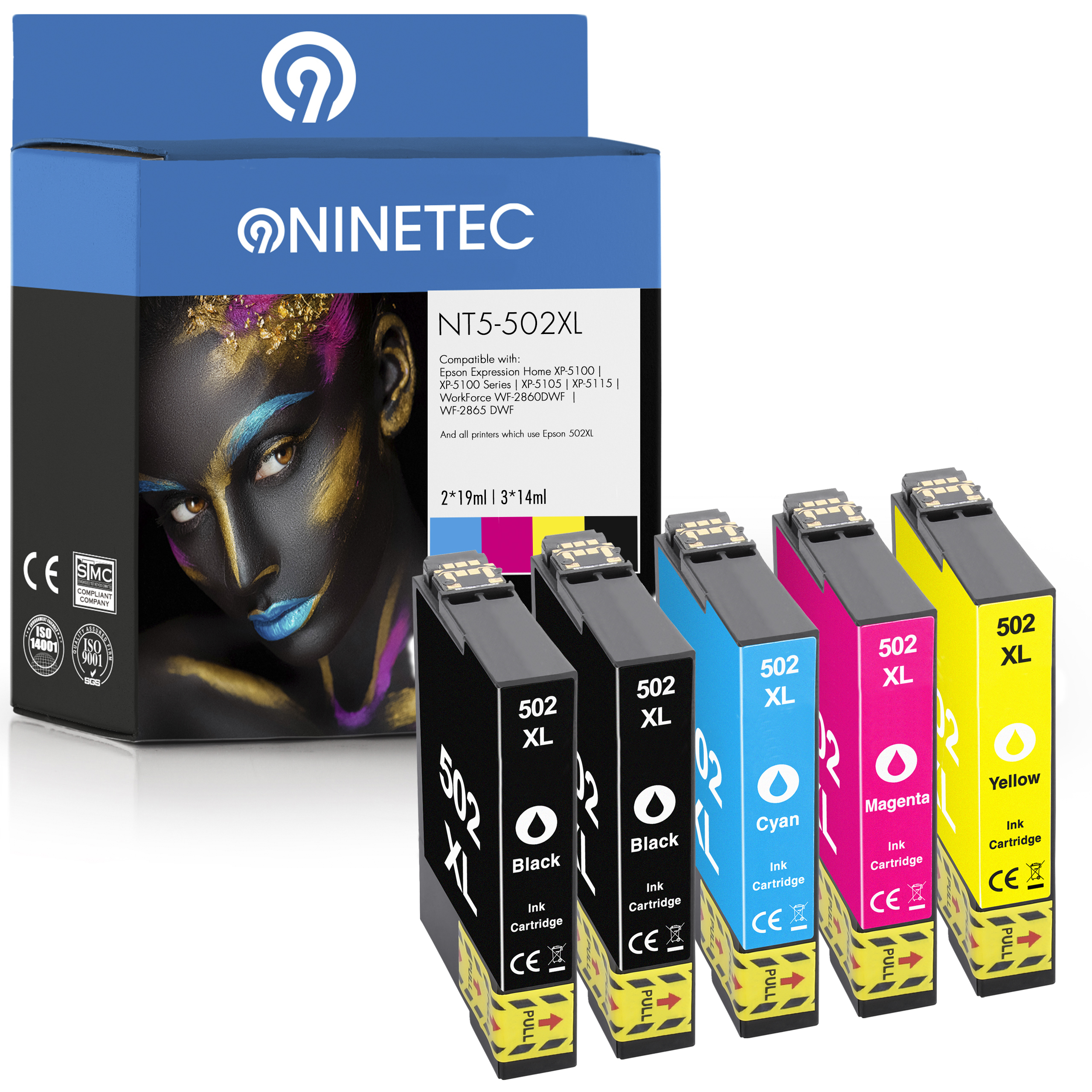 NINETEC 5er Set Patronen 02W34010, Tintenpatronen T 13 (C cyan, C black, ersetzt 02W24010, 02W14010, 13 yellow Epson magenta, 13 02W44010,) T T C 502XL 13 T C
