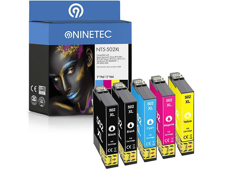 NINETEC 5er T ersetzt yellow 13 C T T black, C Set 13 02W34010, 13 Epson C Patronen cyan, 02W14010, T 502XL 13 Tintenpatronen 02W24010, magenta, (C 02W44010,)