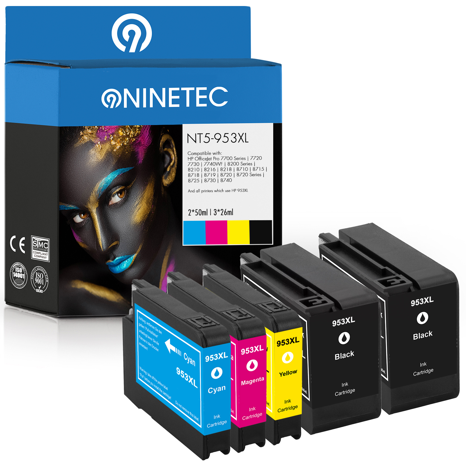 NINETEC 5er Set Patronen ersetzt cyan, yellow HP F6U17AE, F6U16AE, Tintenpatronen magenta, (L0S70AE, 953XL F6U18AE) black