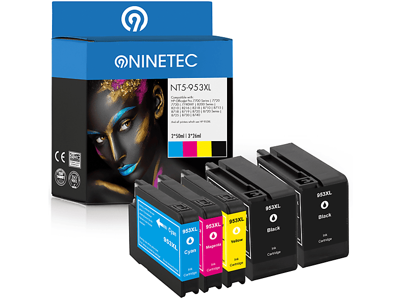 NINETEC 5er Set Patronen ersetzt 953XL yellow HP F6U17AE, F6U18AE) magenta, black, (L0S70AE, cyan, Tintenpatronen F6U16AE
