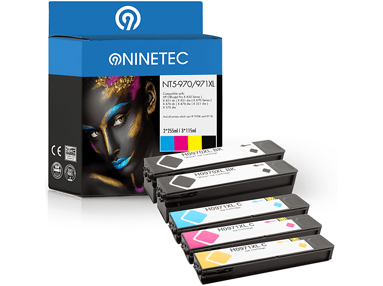 NINETEC 5er Set Patronen ersetzt HP 970XL 971XL Tintenpatronen black, cyan, magenta, yellow (CN 625 AE, CN 626 AE, CN 627 AE, CN 628 AE)