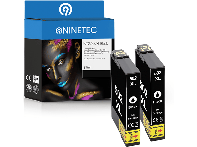 NINETEC 2er Set Patronen ersetzt Epson 502XL Tintenpatrone black (C 13 T 02W14010)