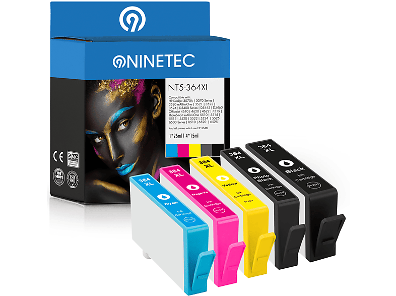 NINETEC 5er Set Patronen cyan, 321 CB EE) Tintenpatronen 325 364XL (CB CB magenta, CB EE, 324 323 EE, black, ersetzt yellow HP EE