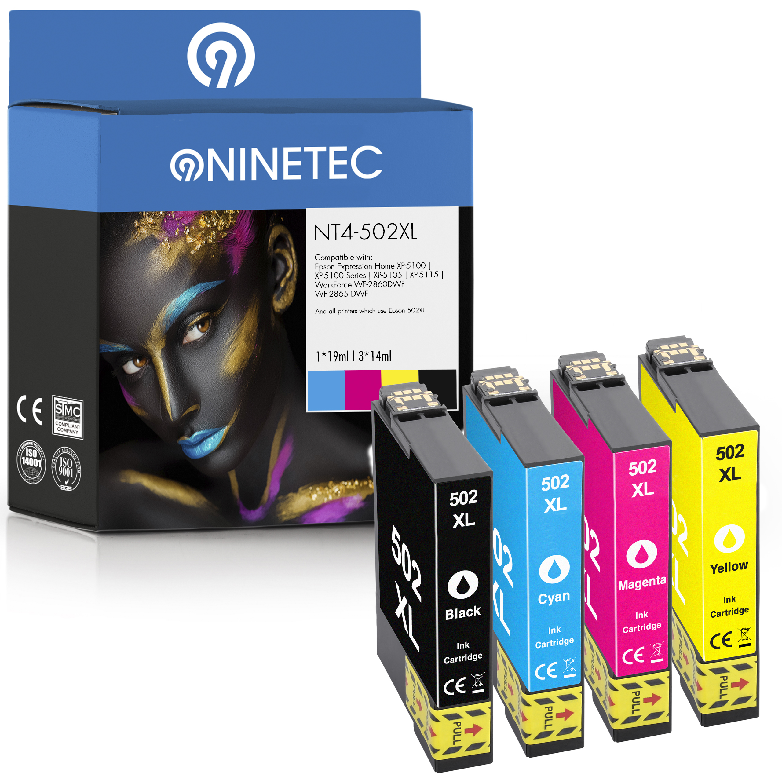 NINETEC 4er Set Patronen ersetzt T 02W34010, 02W14010, 13 02W24010, C T C 02W44010,) (C black, Epson magenta, 502XL T C 13 13 yellow T cyan, 13 Tintenpatronen