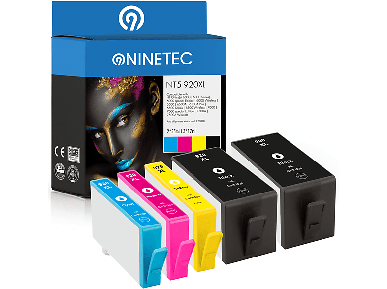 NINETEC 5er Set Patronen ersetzt HP 920XL Tintenpatronen black, cyan, magenta, yellow (CD 971 AE, CD 972 AE, CD 973 AE, CD 974 AE, CD 975 AE)