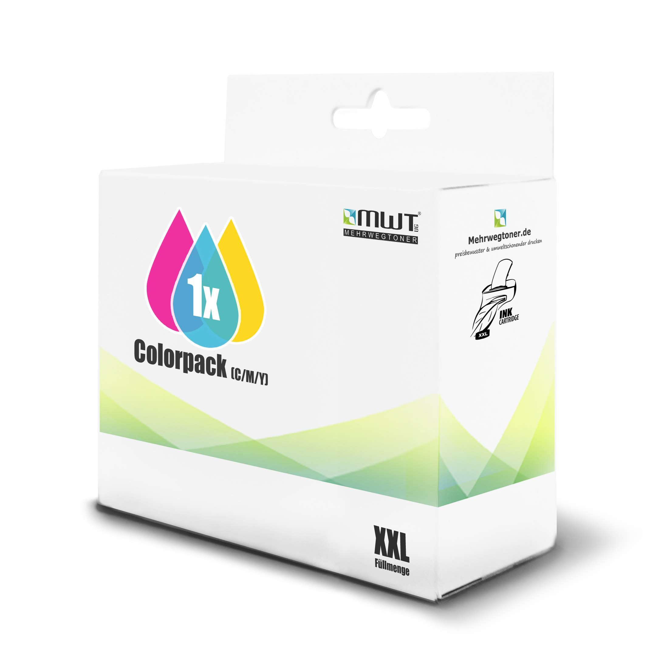 Colorpack Tintenpatronenbox mit rosa, cyan und gelben Tropfen. XXL-Text unten.