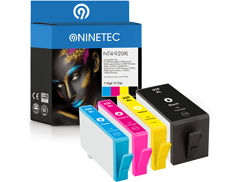 NINETEC 4er Set Patronen ersetzt HP 920XL Tintenpatronen black, cyan, magenta, yellow (CD 971 AE, CD 972 AE, CD 973 AE, CD 974 AE, CD 975 AE)