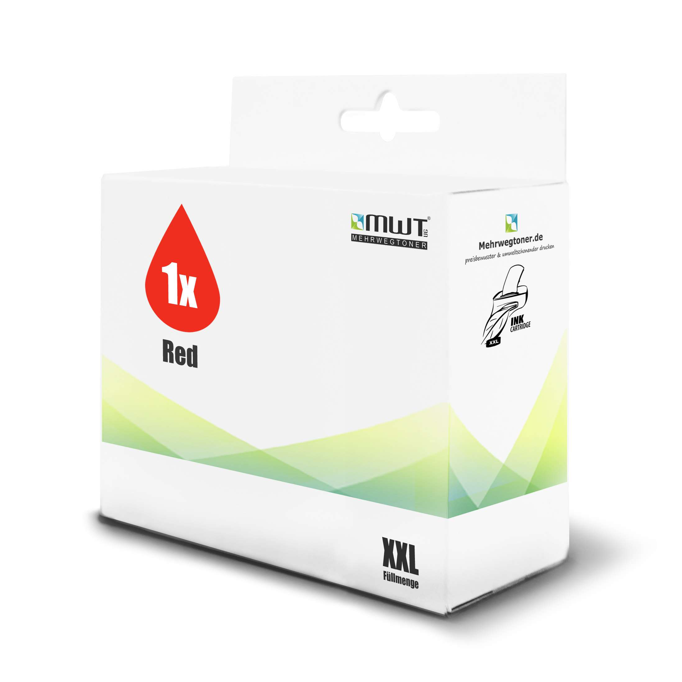 Tintenpatronenbox mit der Aufschrift Red. Die Box ist weiß mit einem roten Tintentröpfchen.