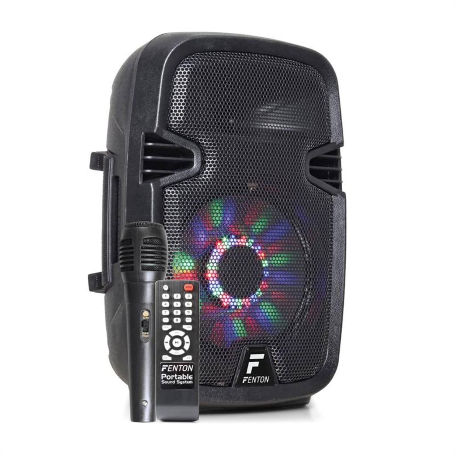 Altoparlante portatile nero con microfono e telecomando. L'altoparlante ha una griglia con luci che cambiano colore.