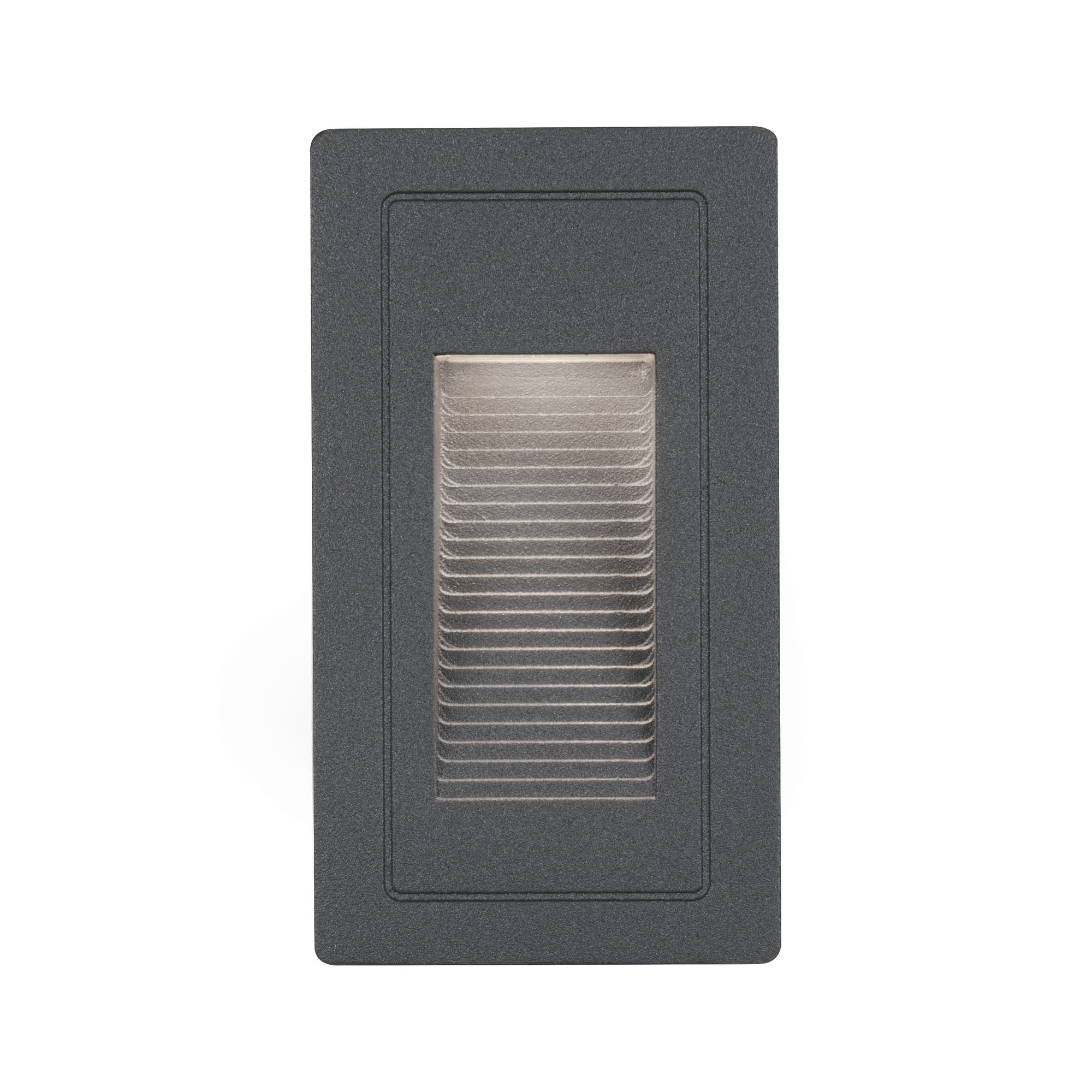 Ciemnoszara wpuszczana lampa zewnętrzna z prostokątną ramą i poziomymi listwami.