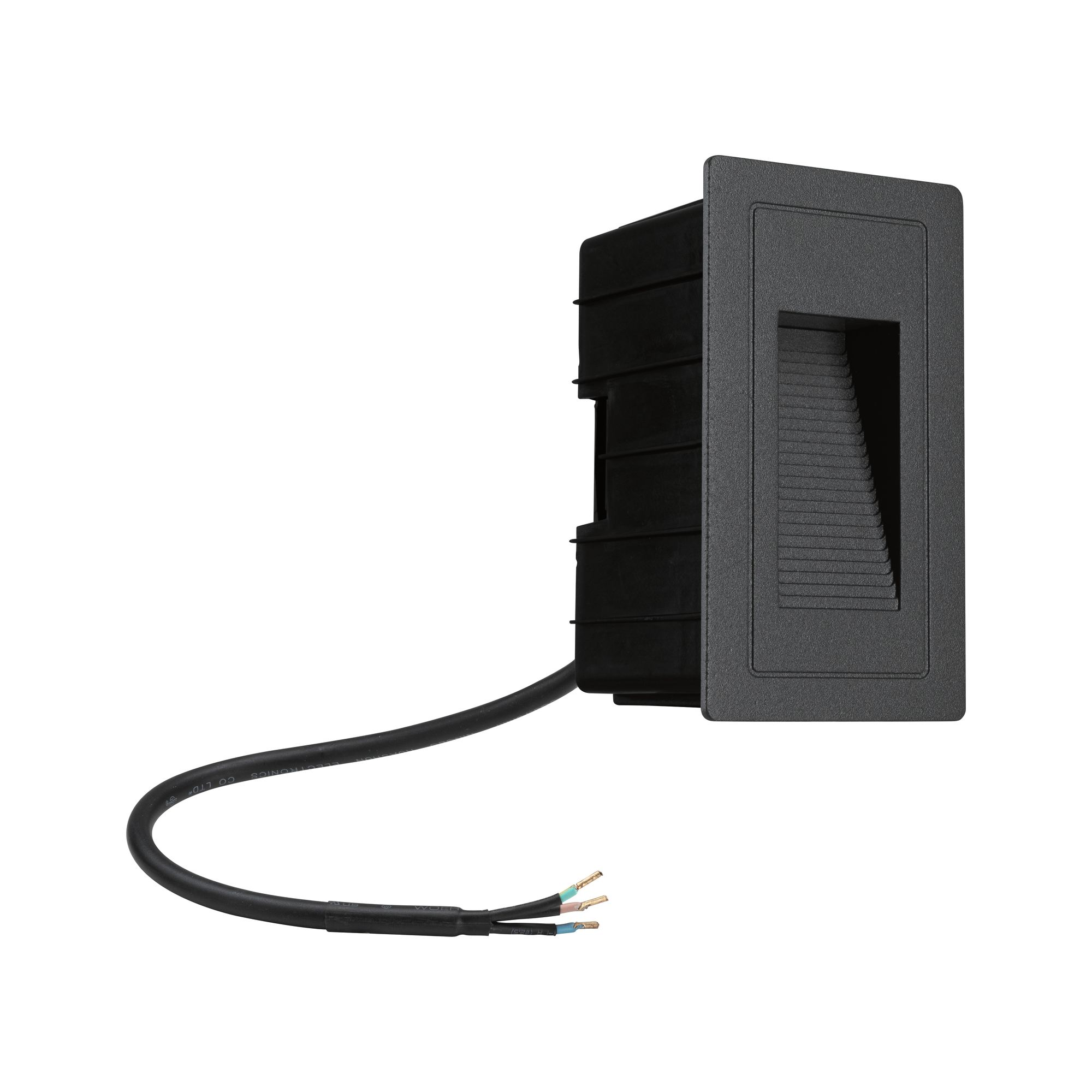 Ciemnoszara oprawa oświetleniowa wpuszczana z czarnym przewodem, na białym tle.