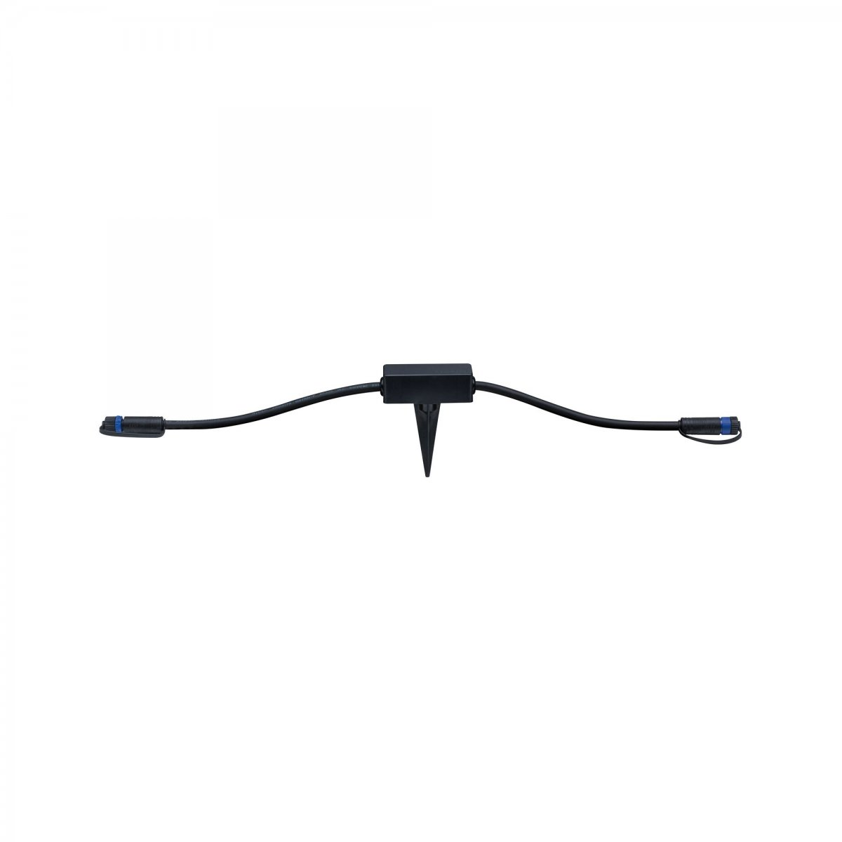 Schwarzes Kabel mit Steckern. Ein T-förmiger Verbinder für Außenbeleuchtung.