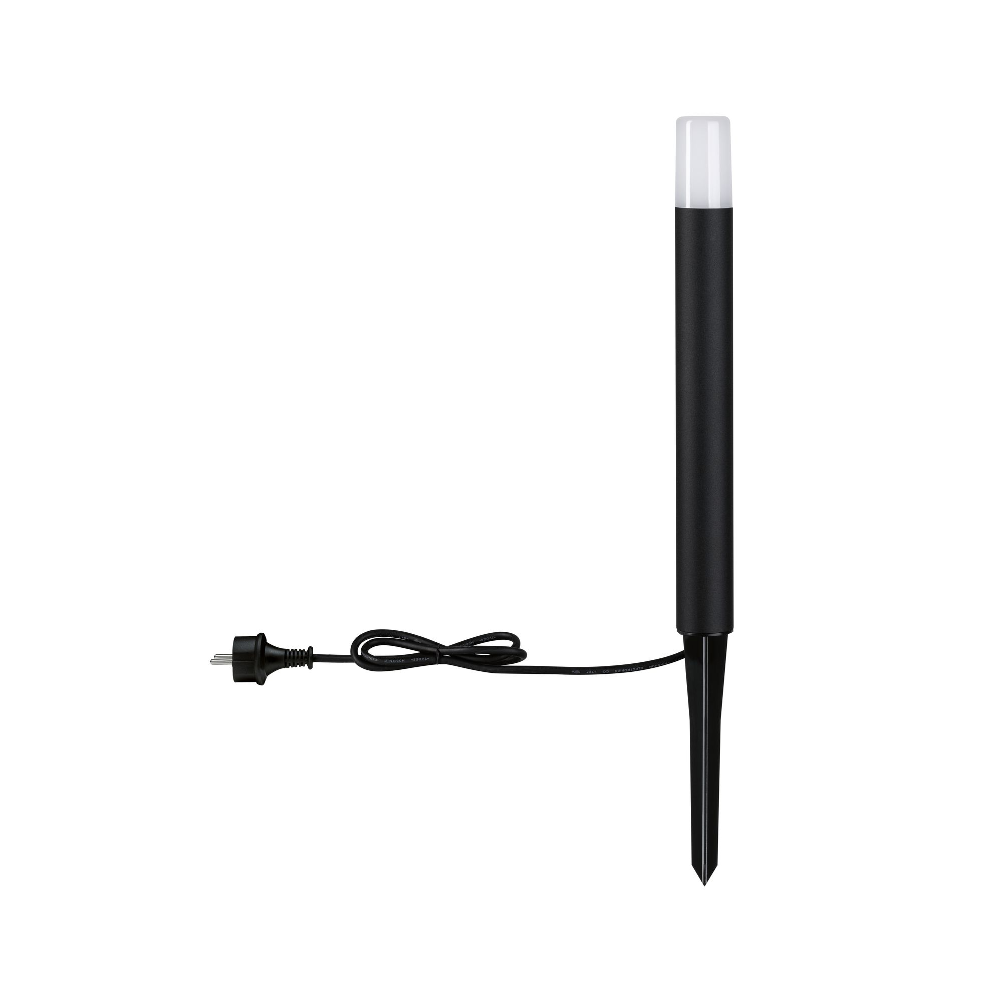 Eine schwarze Außenleuchte mit schwarzem Netzkabel und Stecker. Das Licht ist auf weißem Hintergrund.