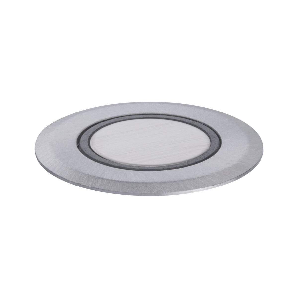 Srebrna, okrągła oprawa oświetleniowa wpuszczana. Ma centralny biały obszar i ciemny pierścień.