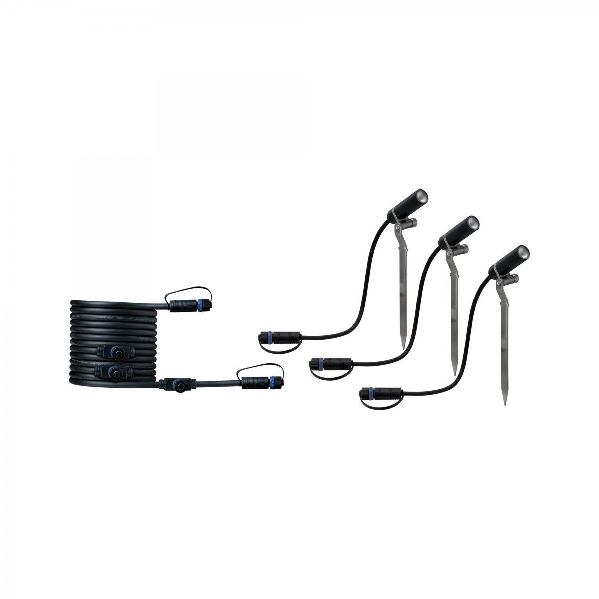 Drei schwarze Außenstrahler, die mit einem schwarzen Kabel verbunden sind. Das Kabel ist aufgerollt.