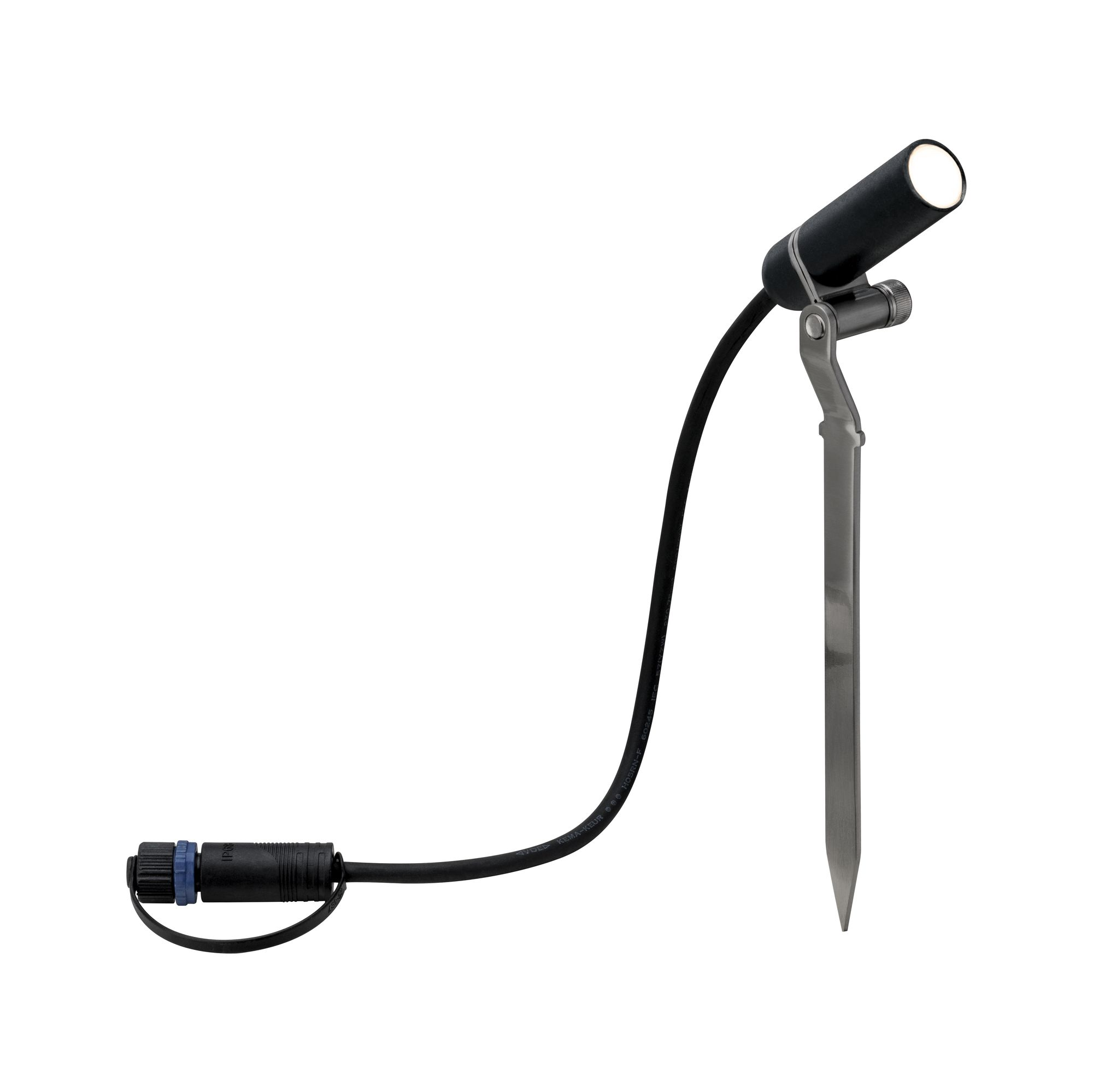 Ein schwarzer Außenstrahler mit langem Kabel und Erdspieß.
