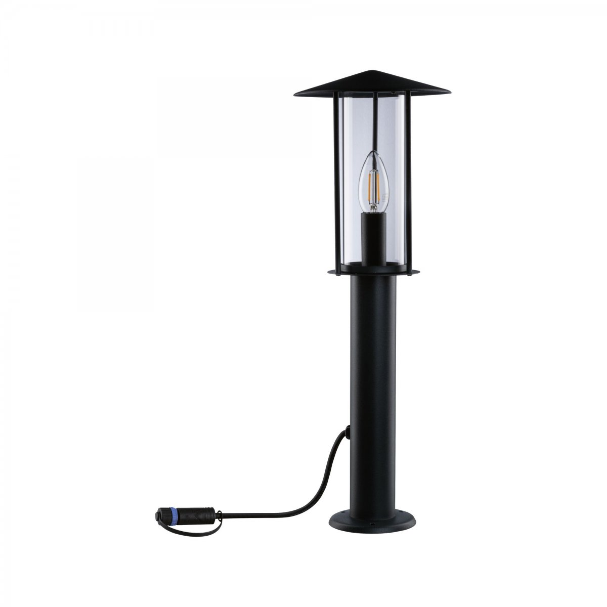 Lampada da esterno nera con involucro in vetro trasparente e lampadina all'interno.
