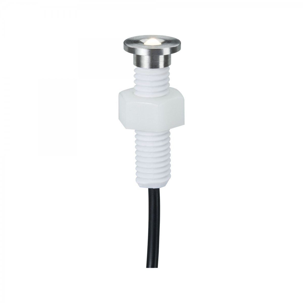 Primo piano di una piccola luce LED argentata con base bianca e filo nero.
