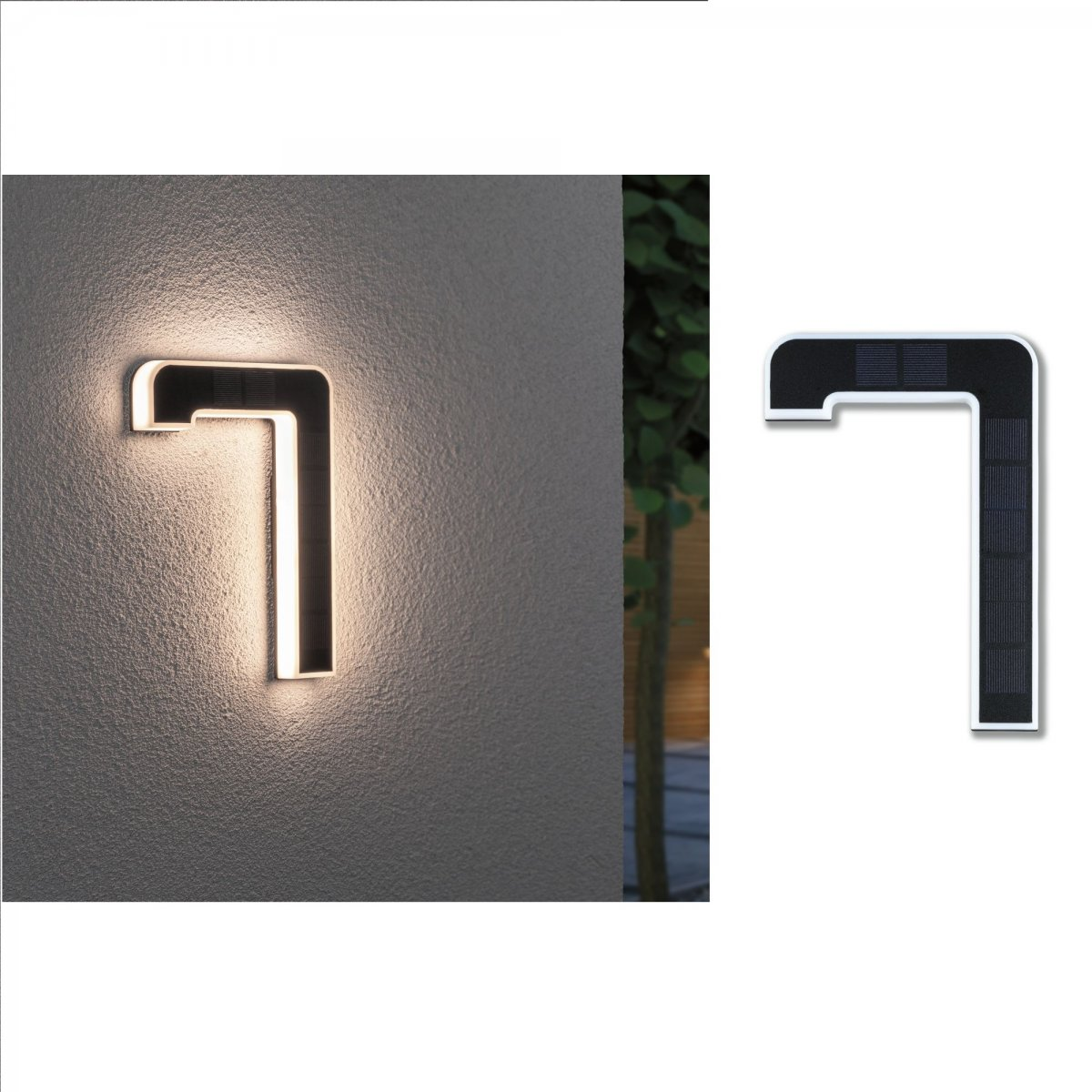 Nowoczesna zewnętrzna lampa ścienna w kształcie 7, zamontowana na szarej ścianie.