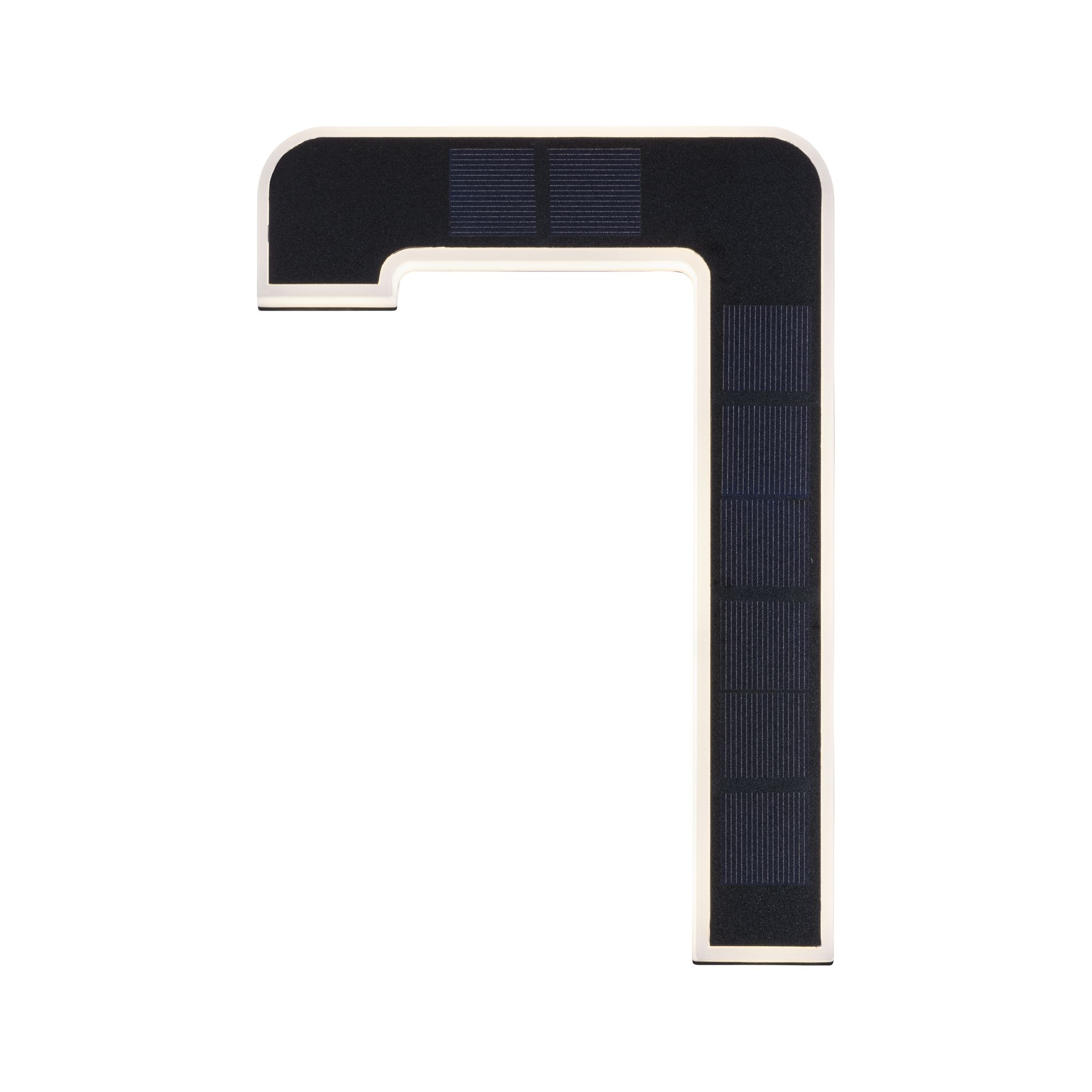 Lampa solarna w kształcie litery L, biała z czarnymi panelami słonecznymi, na białym tle.