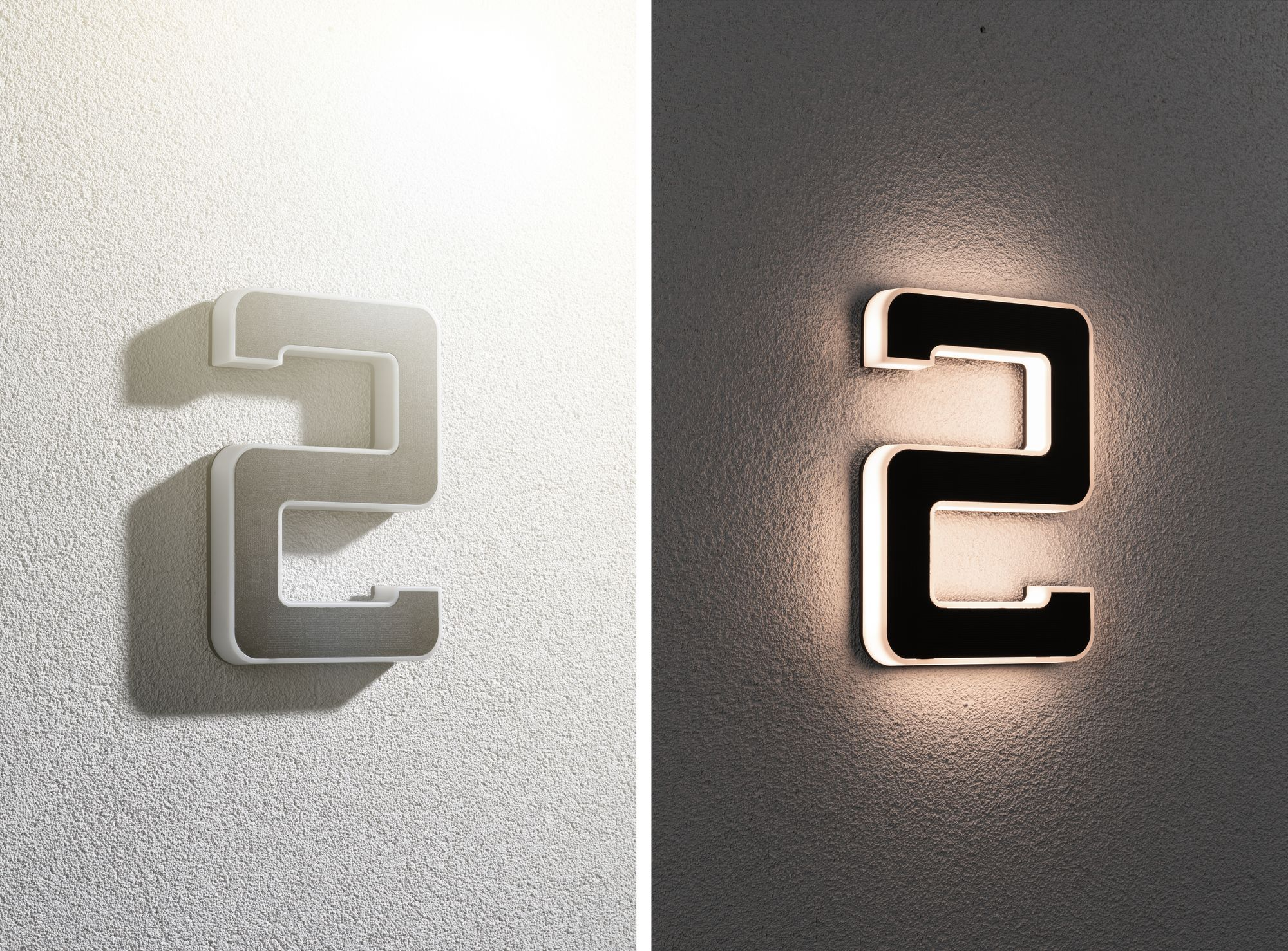 Dwa obrazy liczby 2, jeden nieoświetlony i jeden podświetlony, zamontowane na ścianie.