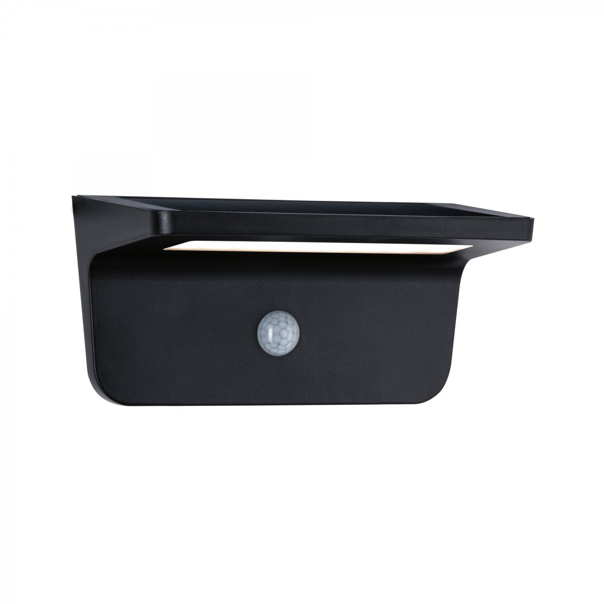 Czarna lampa zewnętrzna montowana na ścianie z czujnikiem ruchu. Ma prostokątny kształt.