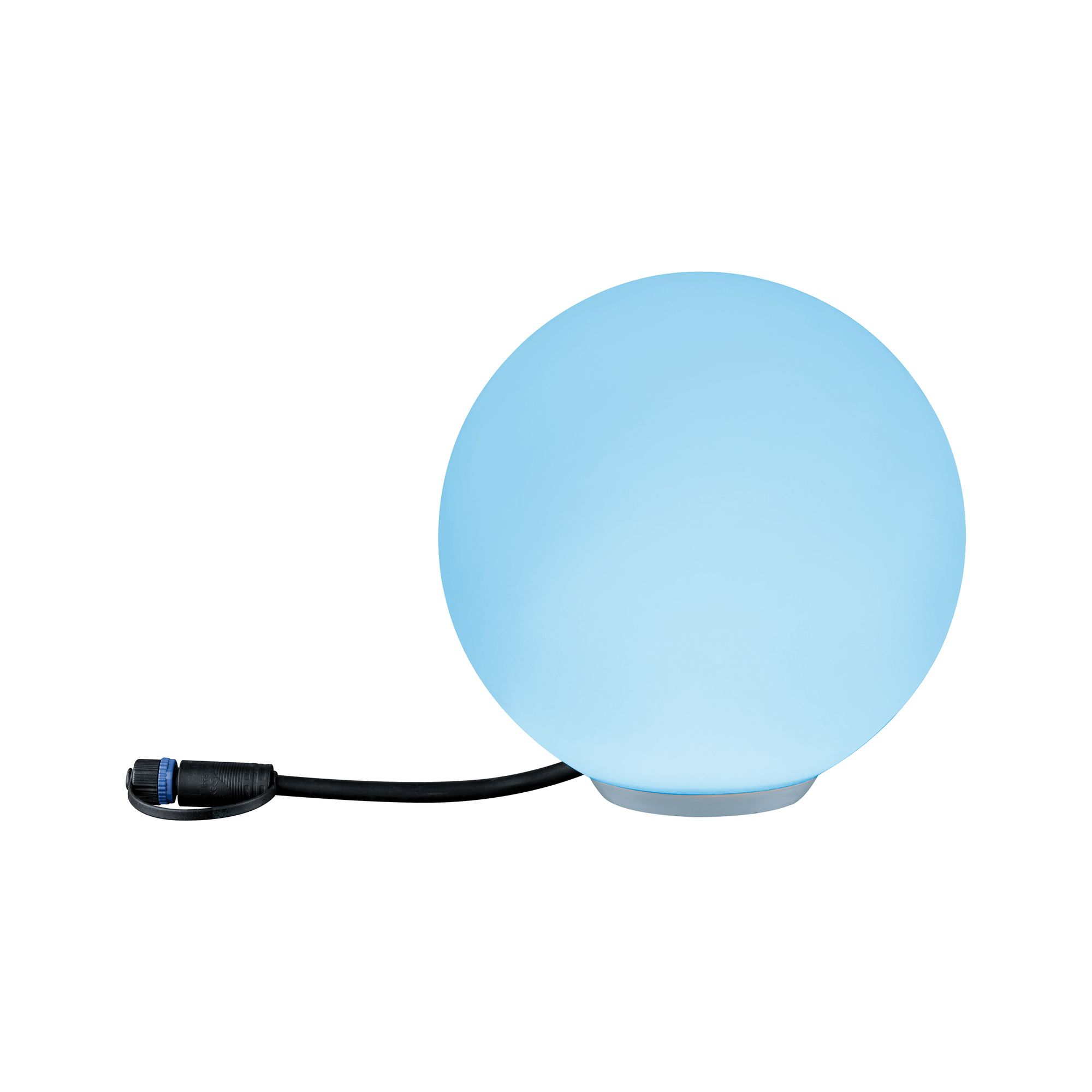 Eine leuchtende blaue Kugel mit einem schwarzen Kabel und Stecker, der von ihrem Sockel ausgeht.