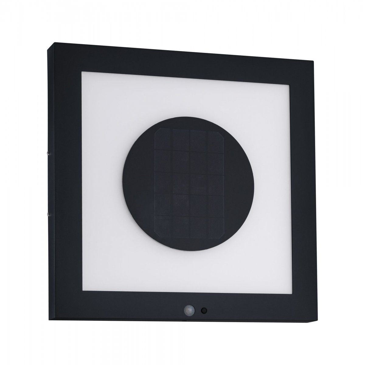 Eine schwarze, quadratische Außenleuchte mit rundem Sensor und weißem Lichtpaneel.