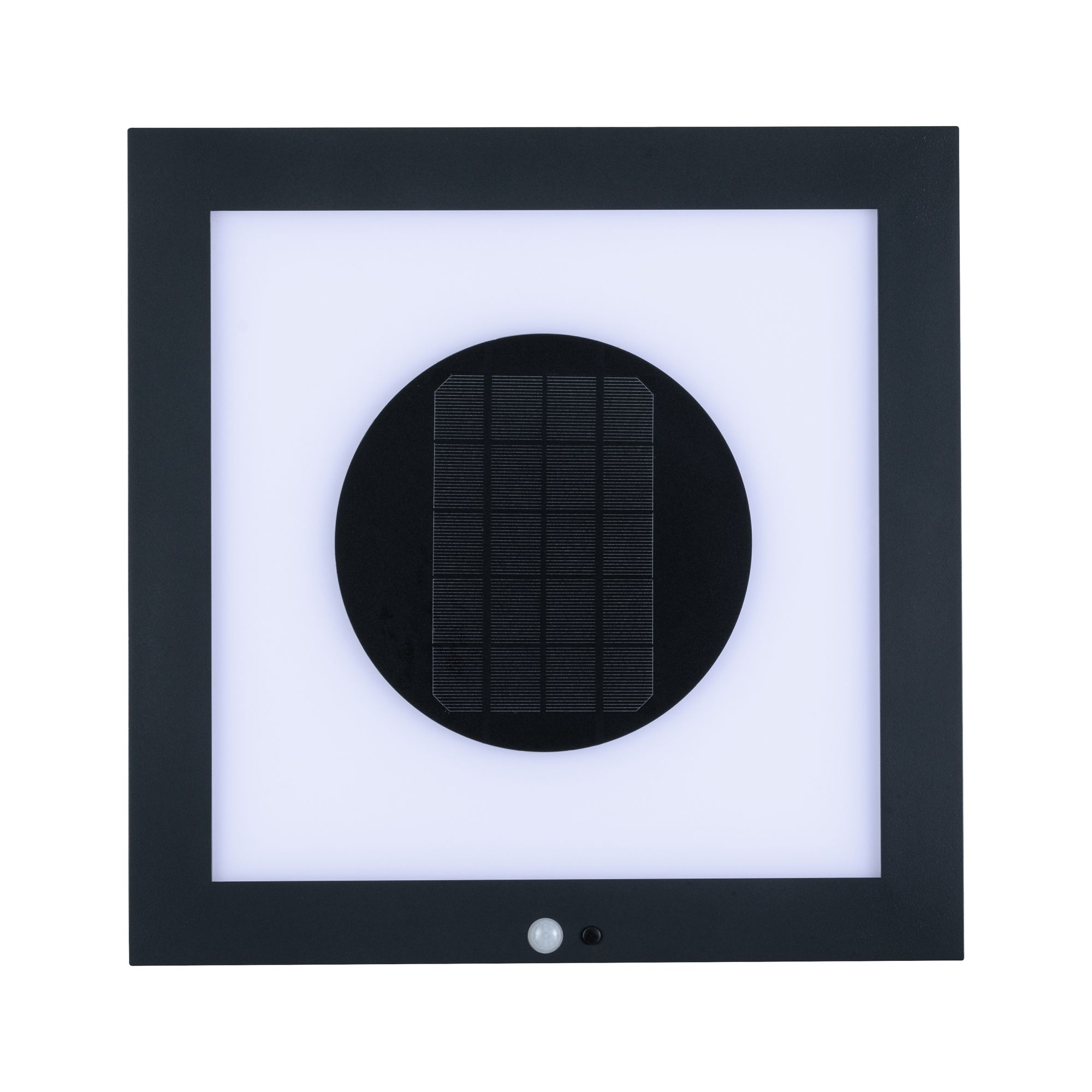Schwarze quadratische Solarleuchte mit kreisförmigem Solarpanel und Bewegungssensor.