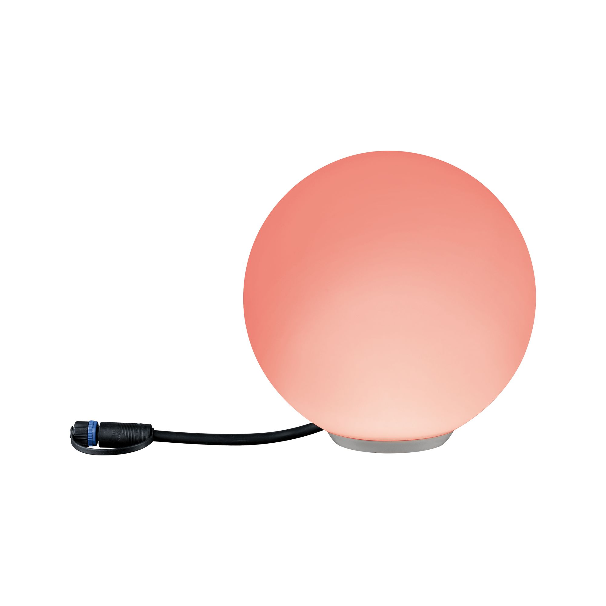 Ein leuchtendes, rundes, rotes Licht mit einem schwarzen Kabel und Stecker. Das Licht sitzt auf einem hellgrauen Sockel.