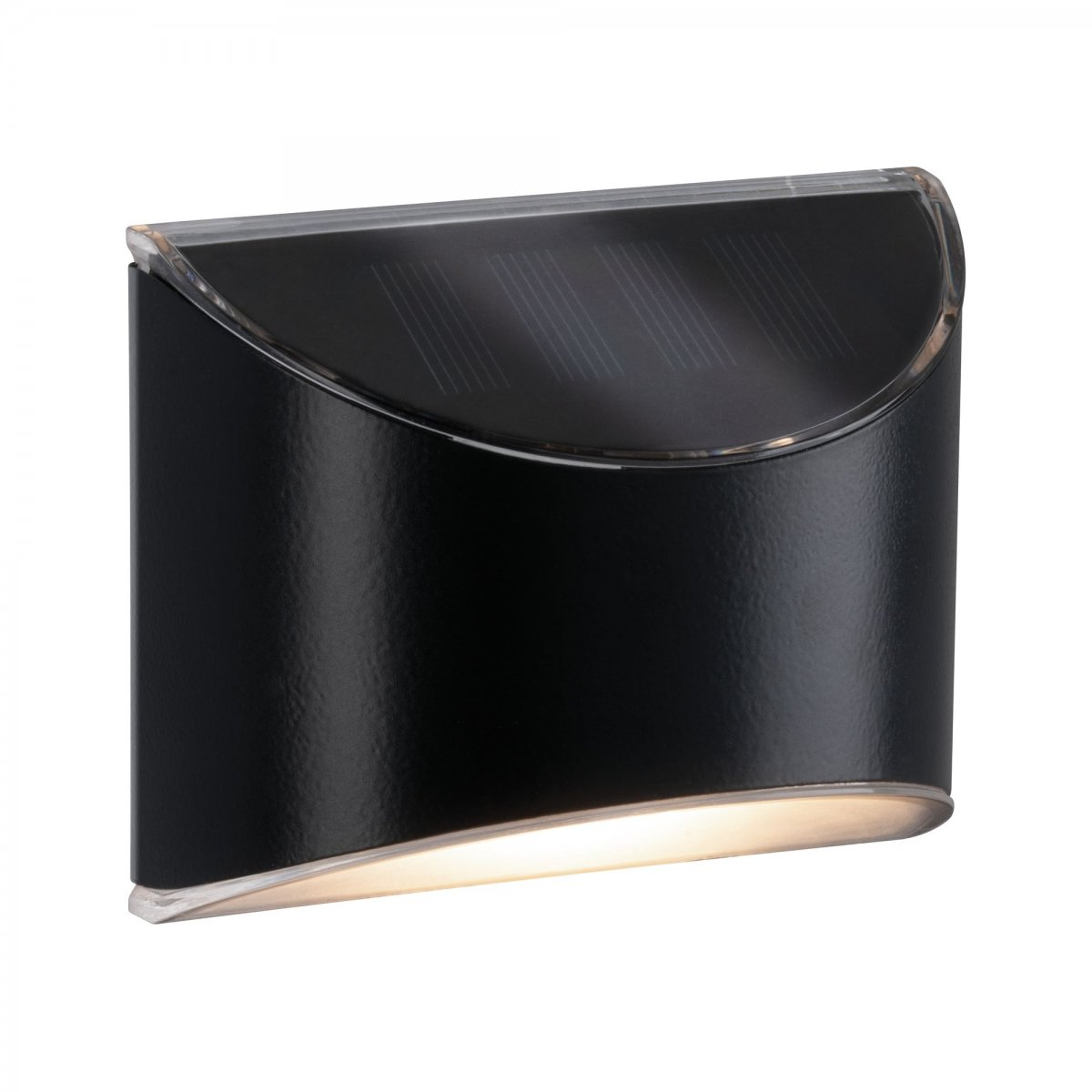 Una lampada da parete esterna nera con un design curvo. Ha un pannello solare ed emette una luce bianca calda.