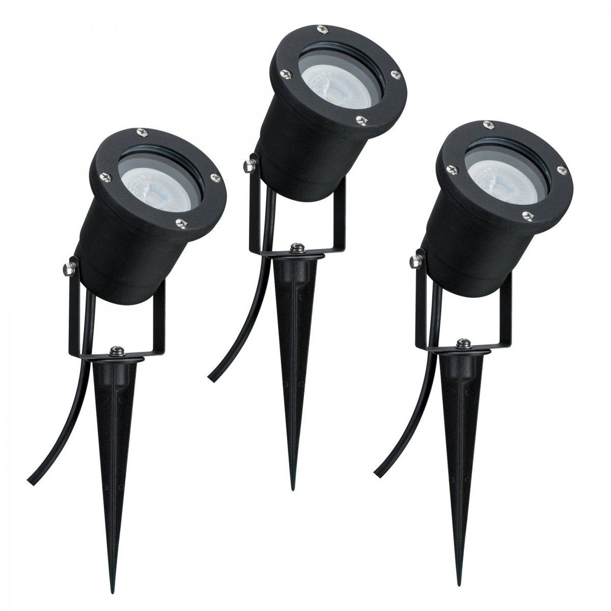 Trzy czarne reflektory z kolcami do użytku zewnętrznego. Białe tło.