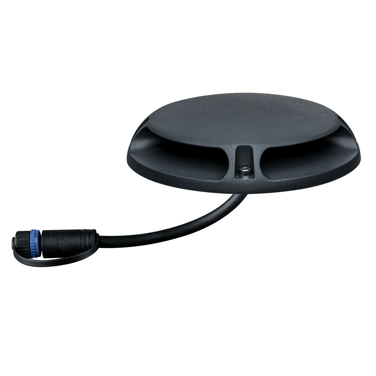 Eine schwarze Außenleuchte mit Kabel und Stecker.