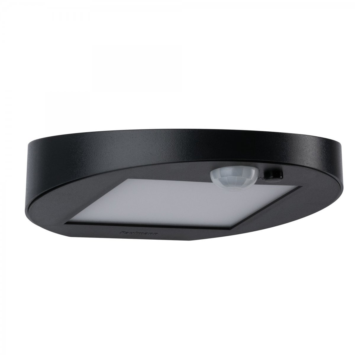 Owalna, czarna oprawa oświetleniowa zewnętrzna. Posiada czujnik i przełącznik.