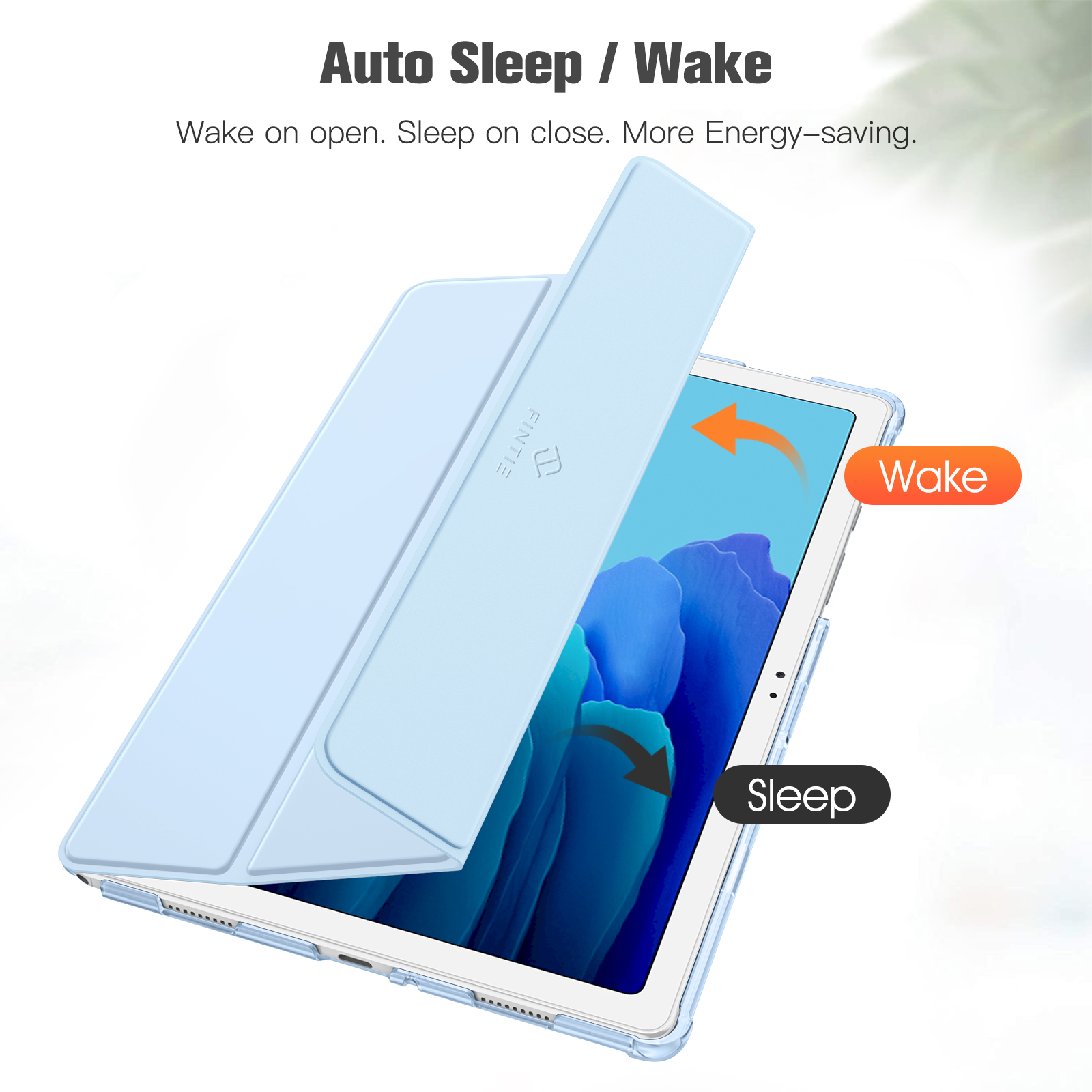 Blaue Tablet-Hülle. Text: 'Auto Sleep/Wake'. Ein oranger Pfeil zeigt die Wake-Funktion.
