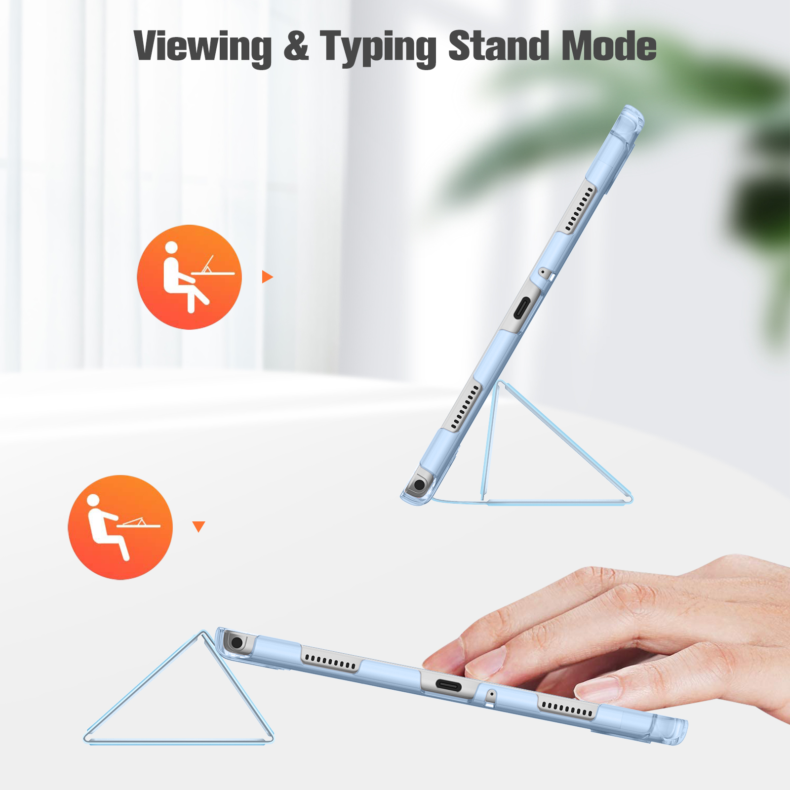 Ein hellblaues Tablet mit Hülle, das im Standmodus verwendet wird.