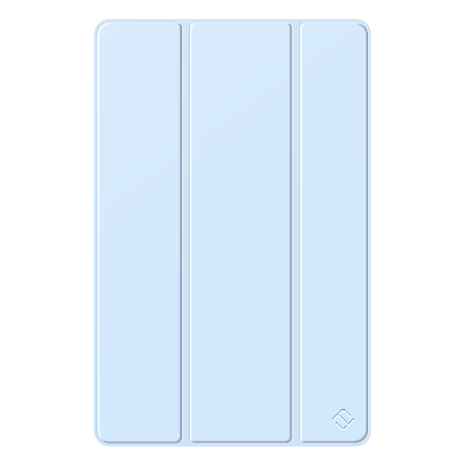 Hellblaue Tablet-Hülle, drittelweise gefaltet, kleines Logo unten rechts.