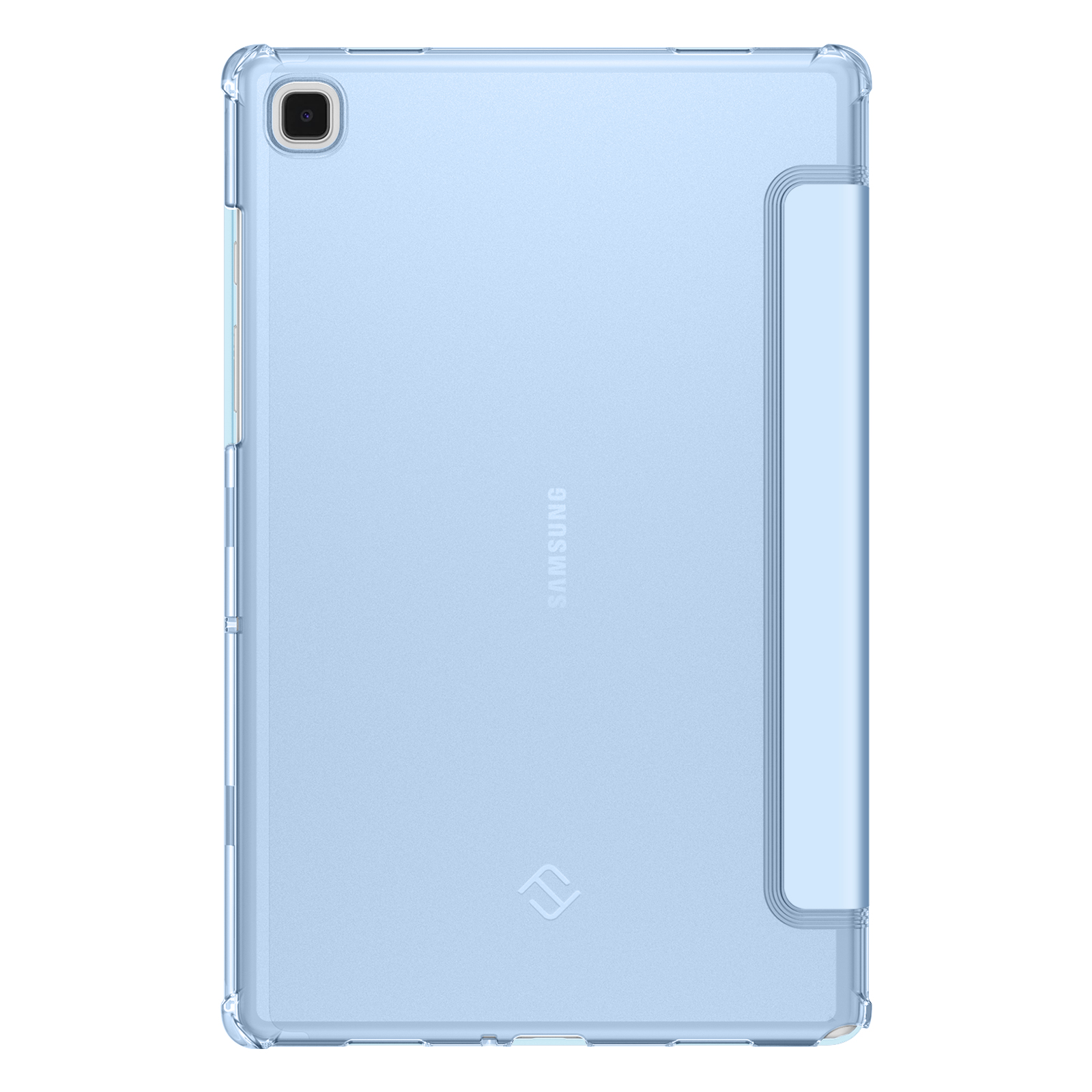 Hellblaues Tablet in einem transparenten Gehäuse mit Griff an der Seite, weißer Hintergrund.