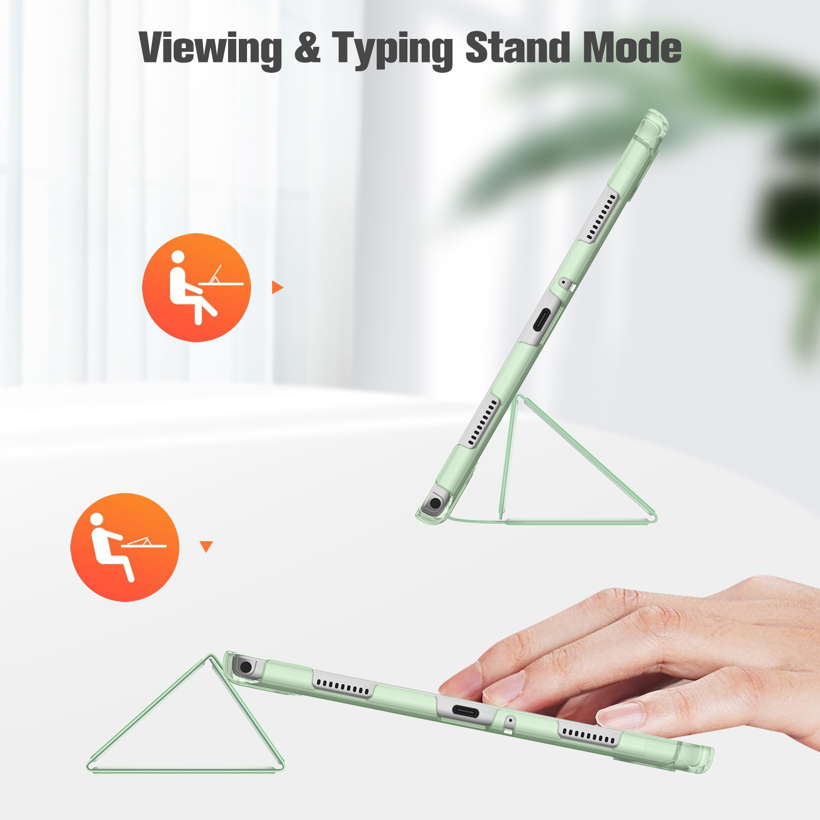 Tablet im Ständermodus. Zwei orangefarbene Symbole veranschaulichen die Verwendung. Eine Hand hält das Tablet.