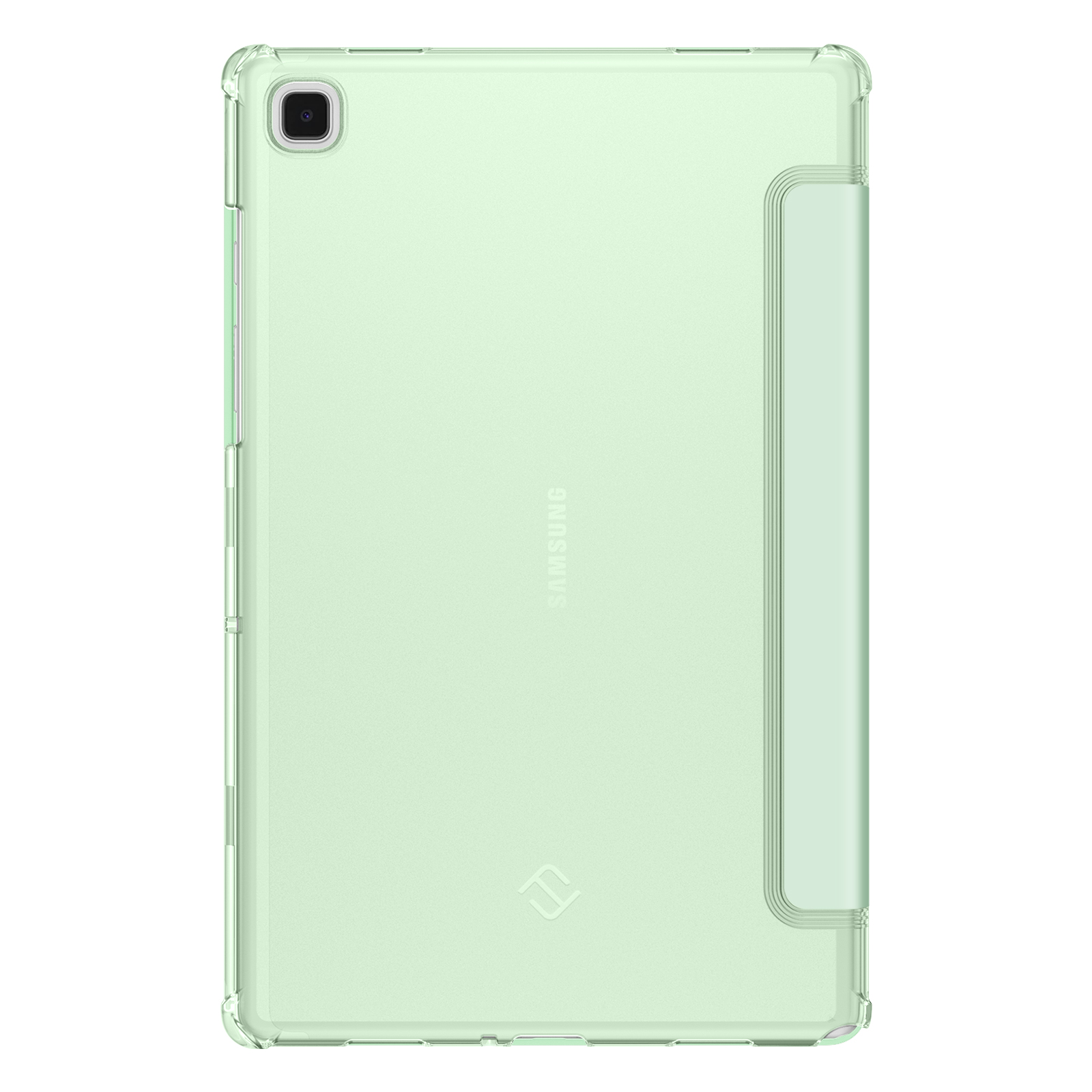 Grünes Tablet in einer transparenten Hülle. Das Tablet befindet sich auf einer reflektierenden Oberfläche und hat einen blauen Hintergrund.