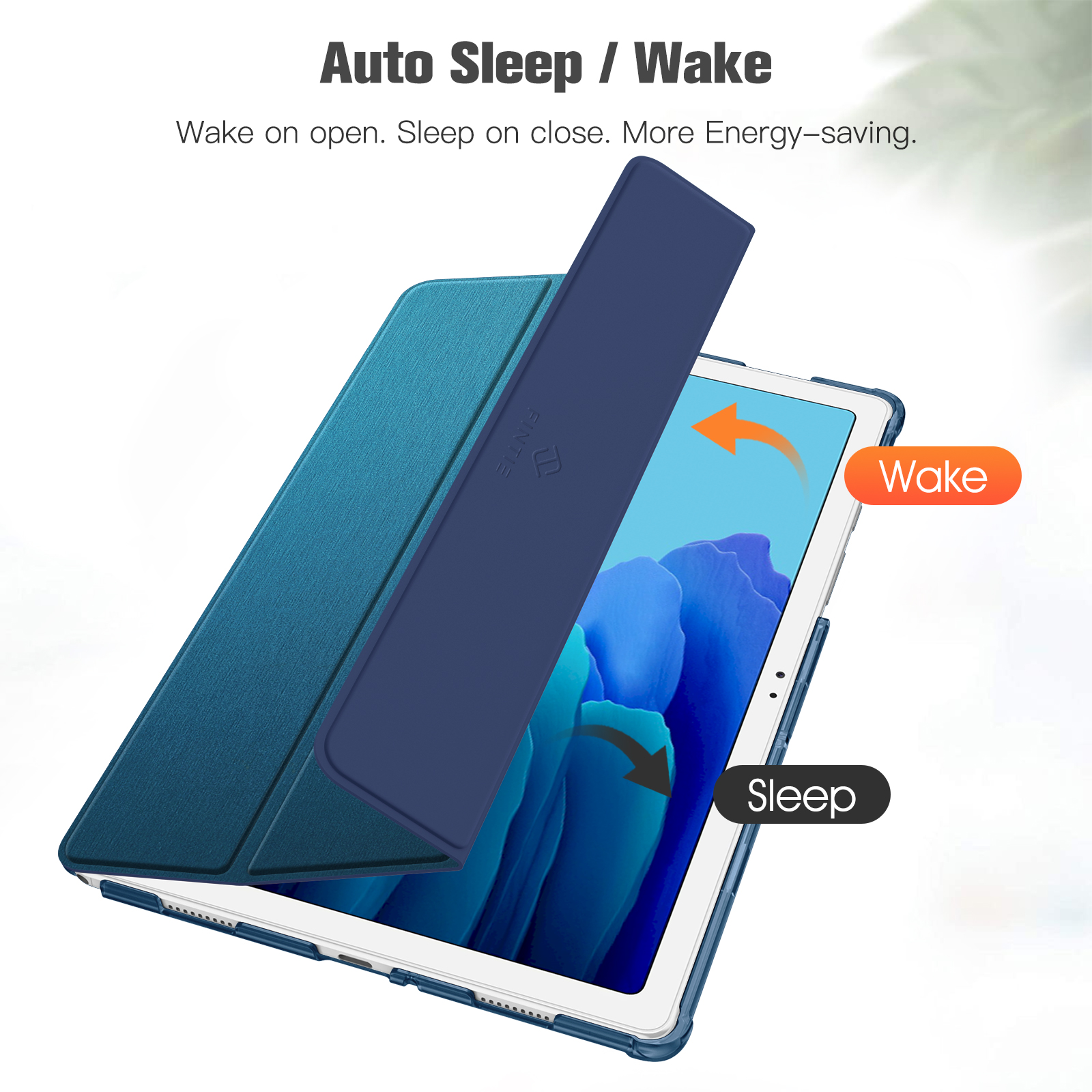 Blaue Tablethülle, geöffnet. Text sagt 'Wake' und 'Sleep' mit Pfeil für Auf/Zu.