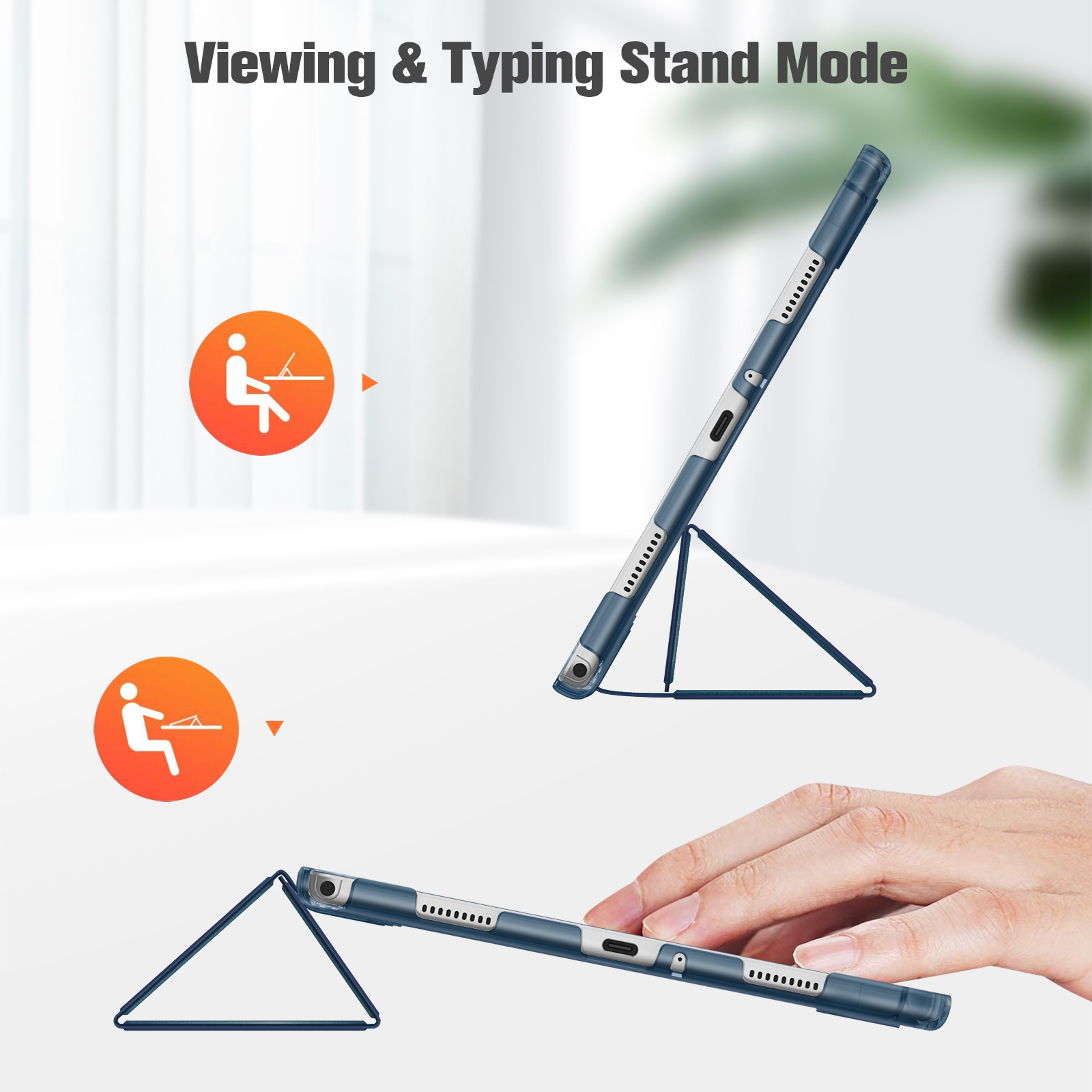 Tablet in einer blauen Hülle. Es wird in zwei Modi präsentiert: Betrachtungs- und Tippständer-Modus. Hand berührt.