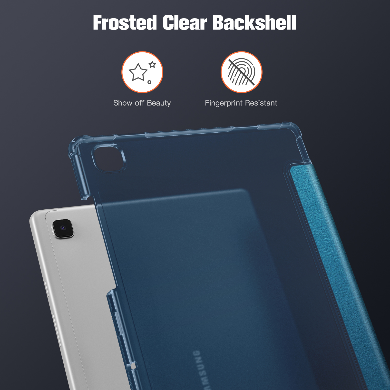 Tablet mit Hülle, blaue Hülle, der Text lautet "Frosted Clear Backshell".