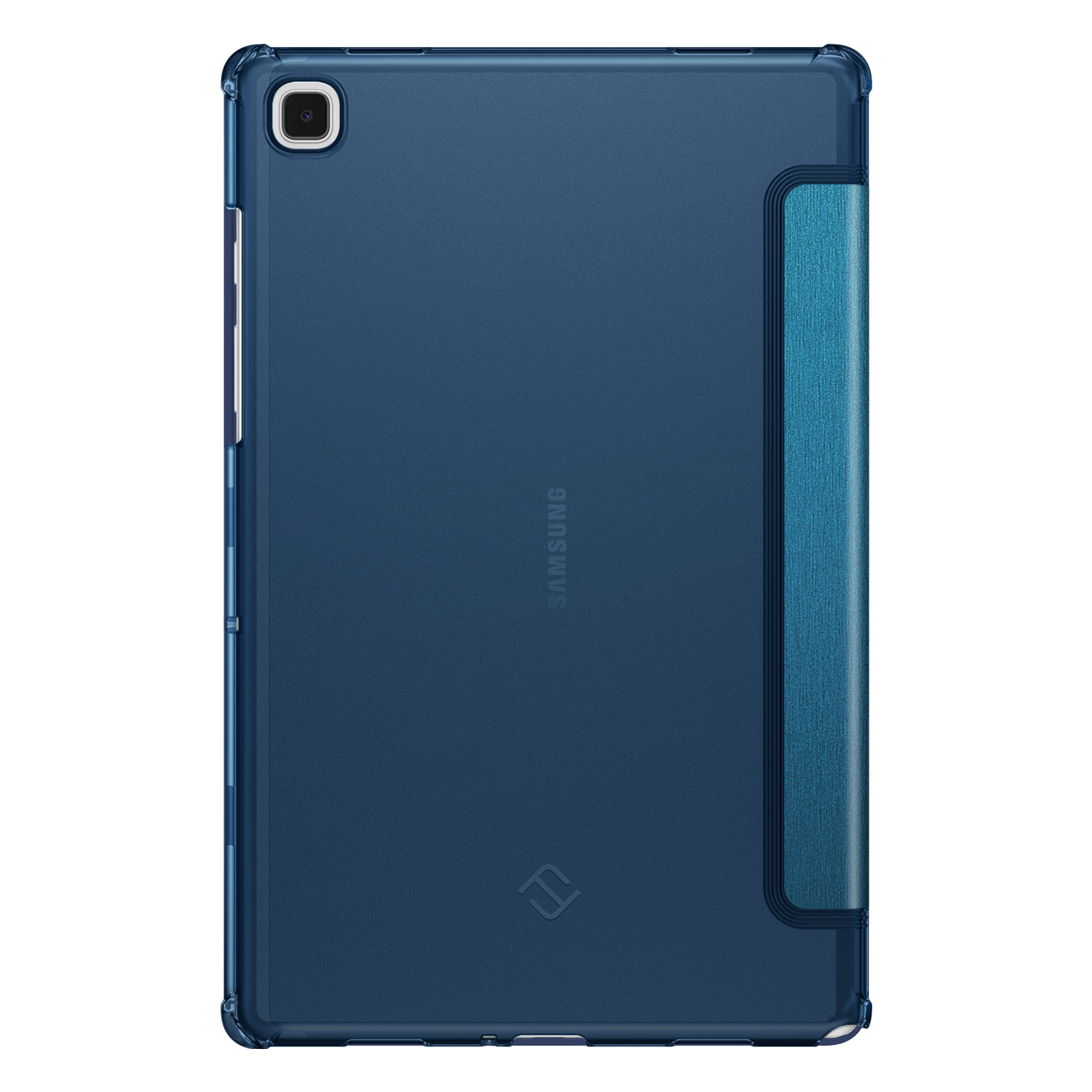 Tablet mit blauem Gehäuse. Das Gehäuse hat eine transparente Rückseite und eine dunkelblaue Abdeckung an der Seite.