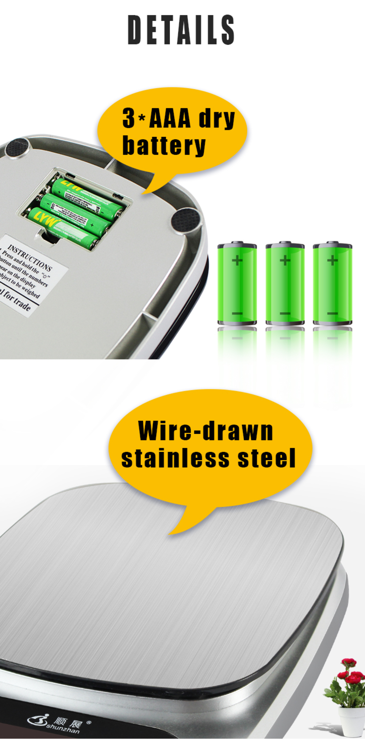 Waage mit 3 AAA-Batterien, Draht-Edelstahloberteil und Textblasen.