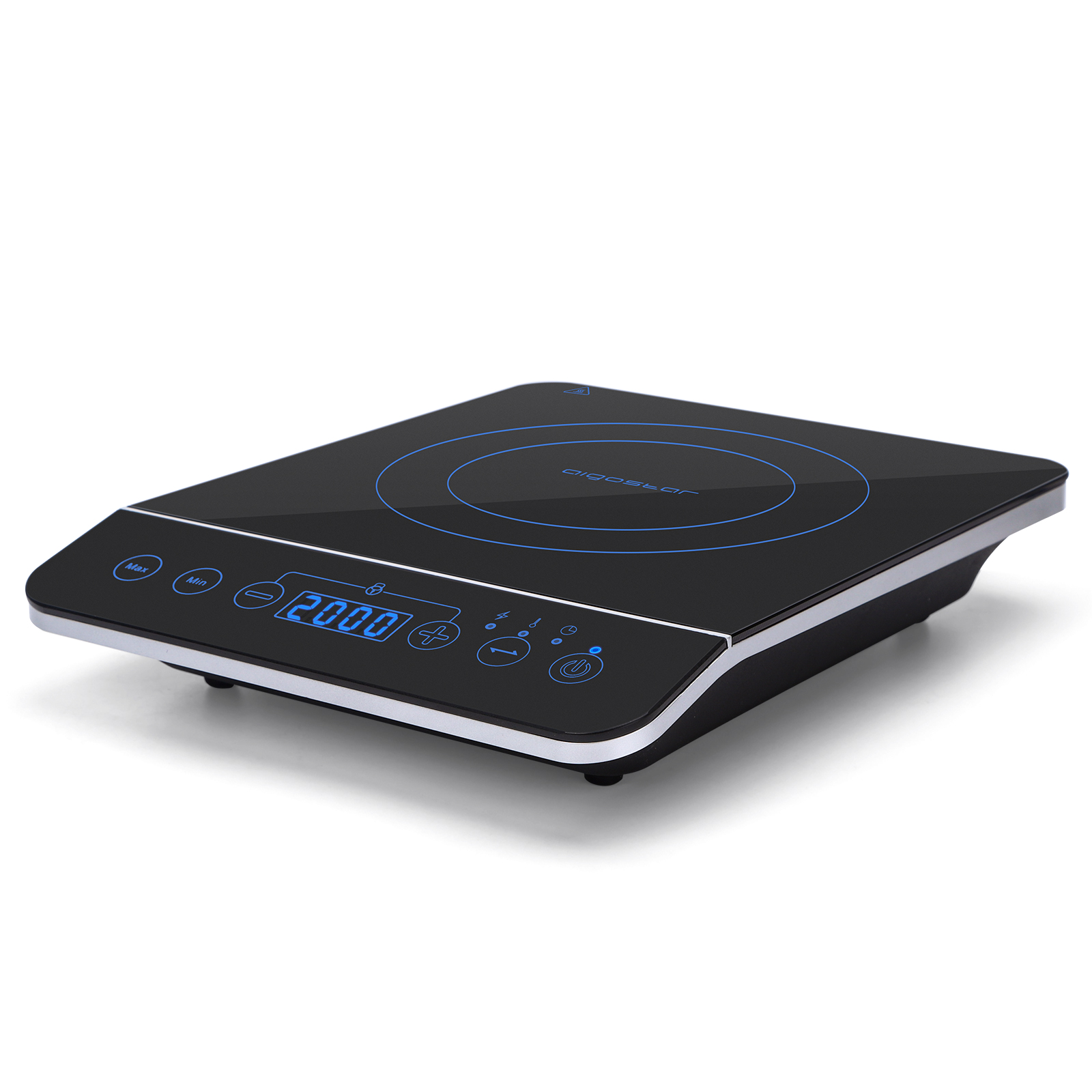 Una placa de inducción negra con círculo azul. Tiene una pantalla digital y controles táctiles. La superficie es brillante.