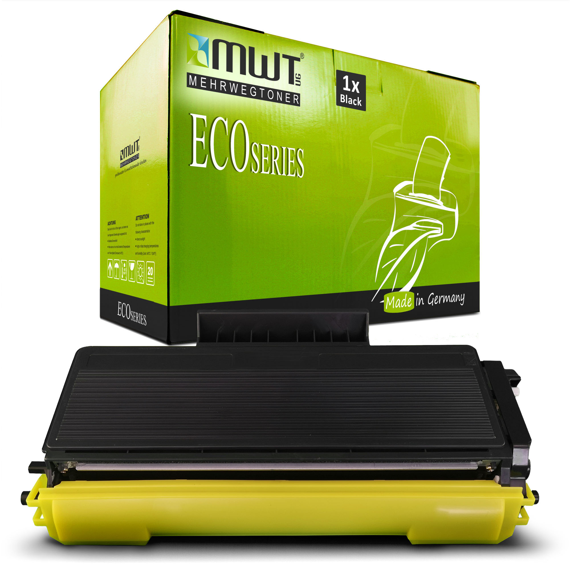 Grüne und schwarze Schachtel mit ECO-Serie-Toner mit gelbem Toner. Weißer Hintergrund.